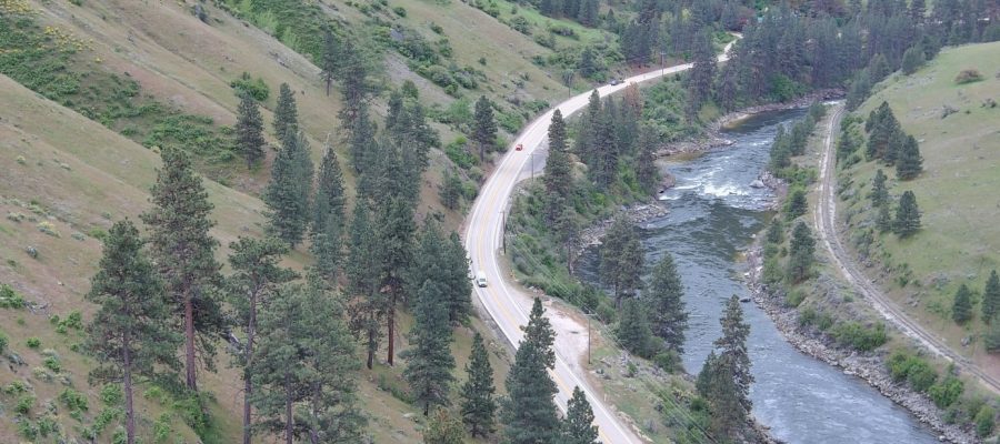 Aerial view of SH-55 running alongside the river.