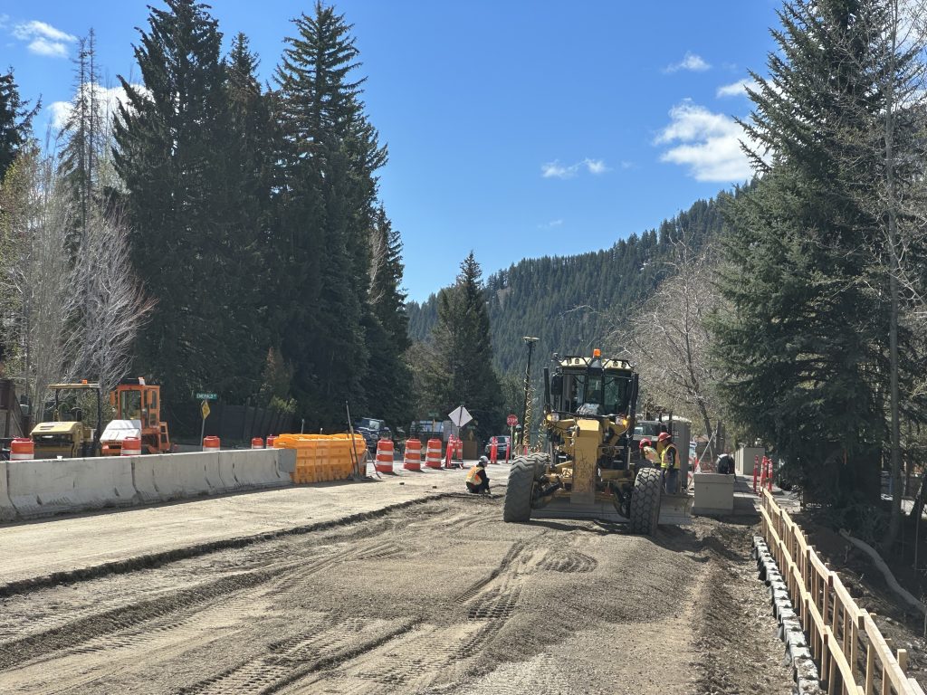 Crews working on a support wall for the SH-75 project in Ketchum.