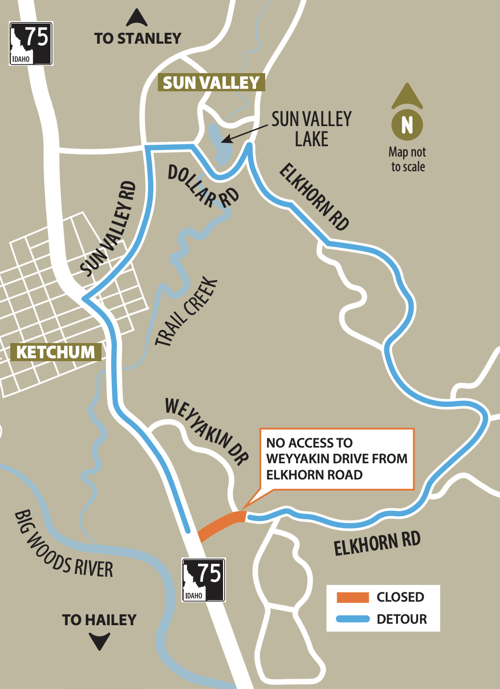 Detour map showing the detour route for the Elkhorn Road closure. Motorists use SH-75, Sun Valley Road, Dollar Road and Elkhorn Road to detour around the closure.