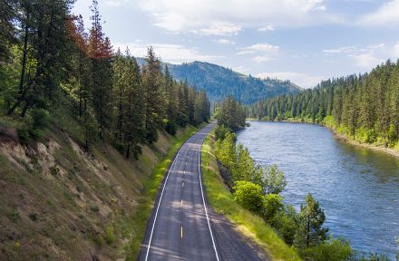 View of US-12 taken from the air near Kooskia looking straight down the highway above the centerline.