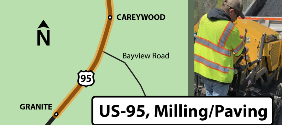 Map of the upcoming work zone on US-95 north of Athol