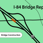 Graphic map showing I-84 interchange with local road. The area of I-84 over the road is highlighted indicating the construction area.
