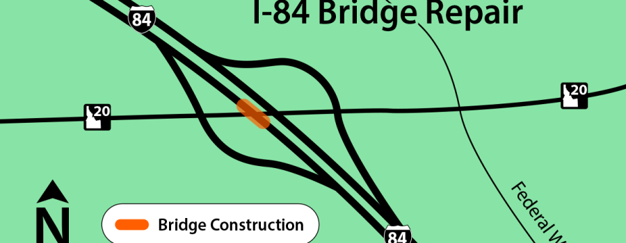 Graphic map showing I-84 interchange with local road. The area of I-84 over the road is highlighted indicating the construction area.
