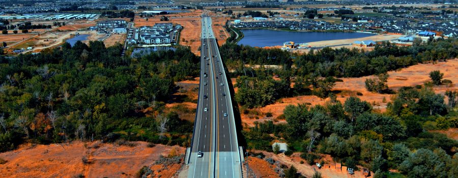 a drone photo of the Boise River Bridge looking north to the SH-44 Interchange.
