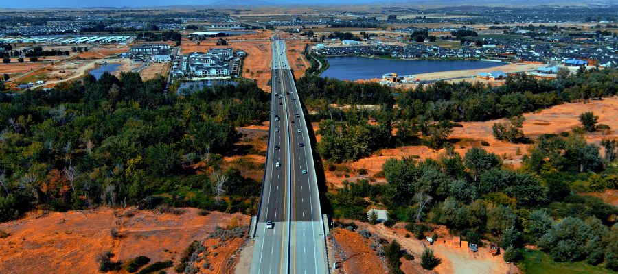 a drone photo of the Boise River Bridge looking north to the SH-44 Interchange.
