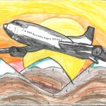 A child's drawing of a plane and a sunrise.