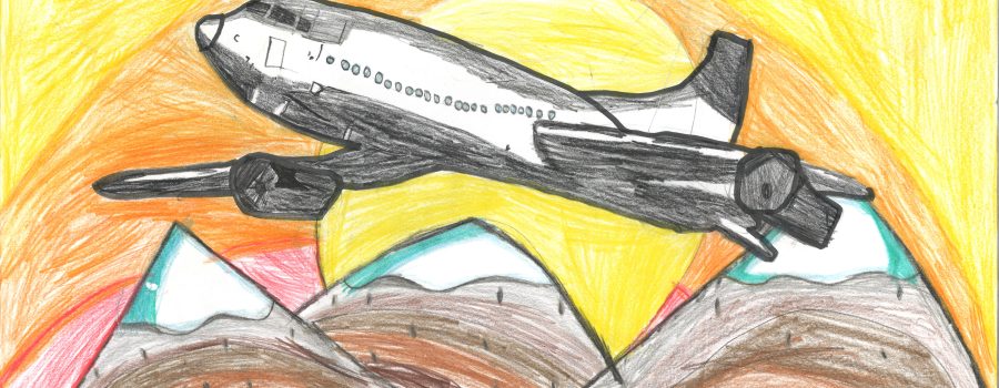 A child's drawing of a plane and a sunrise.