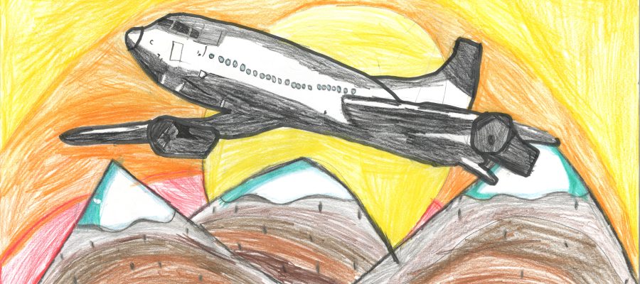 A child's drawing of a plane and a sunrise.