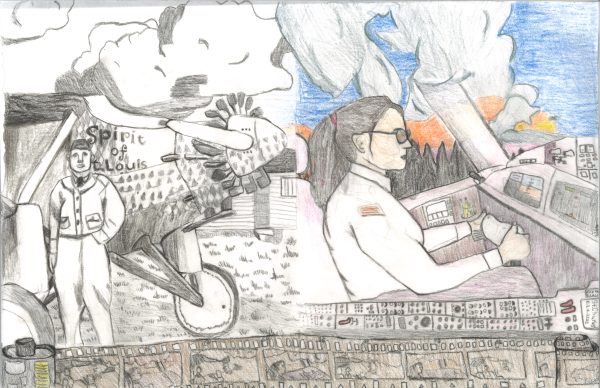 A child's drawing of two pilots.