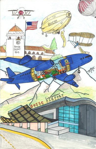 A drawing of the Boise Airport, Boise Depot, and many planes.