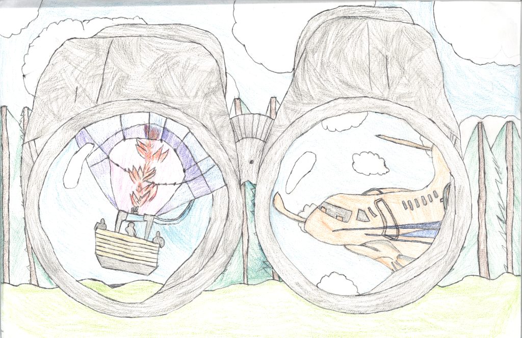 A child's drawing of a plane and hot air balloon seen through binoculars.