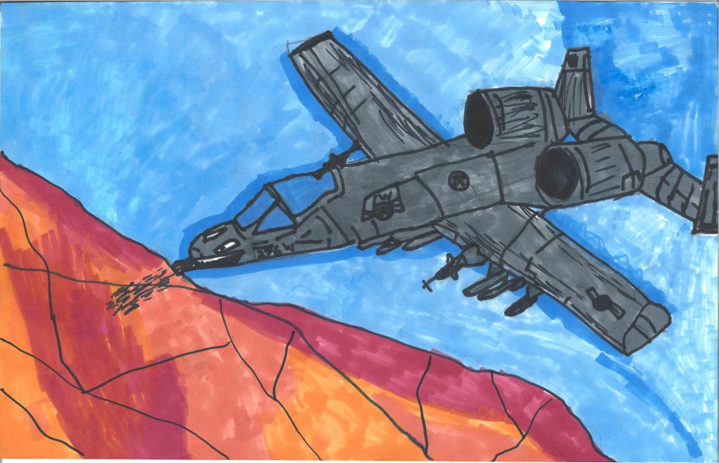 A child's drawing of a fighter plane.