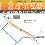 An overhead map in blue and orange of the construction area with a highlighted detour area.