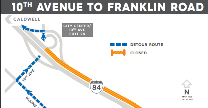 An overhead map in blue and orange of the construction area with a highlighted detour area.