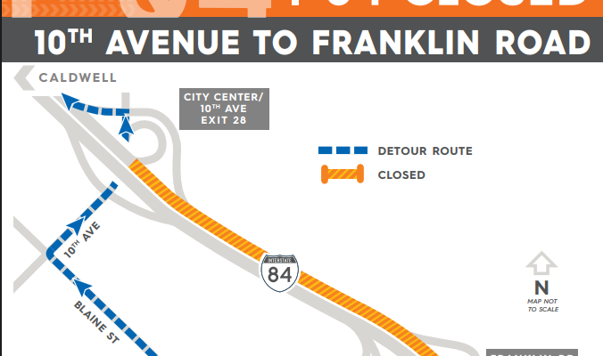 An overhead map in blue and orange of the construction area with a highlighted detour area.