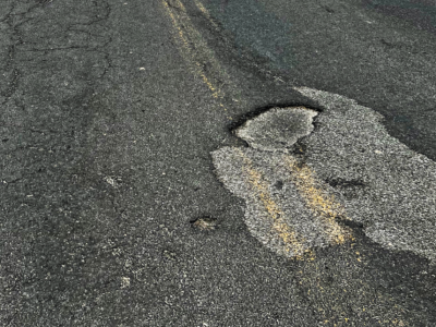 Close up look at a large pothole on SH-3 near Clarkia.