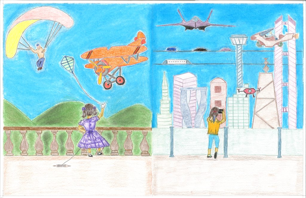 A child's drawing of aviation in the past and future.