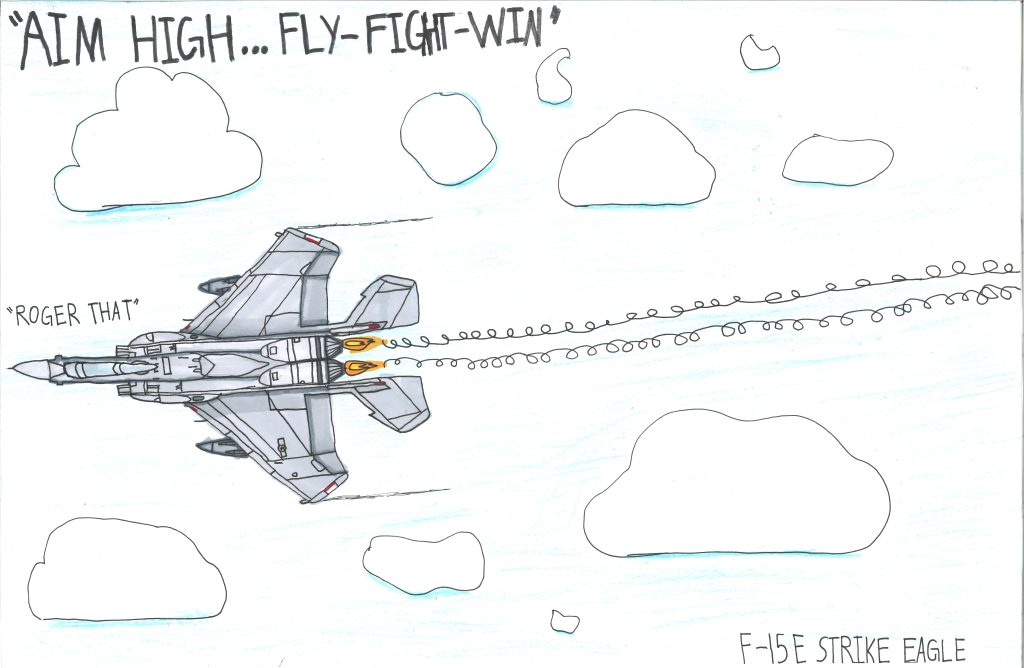 A child's drawing of a fighter plane.