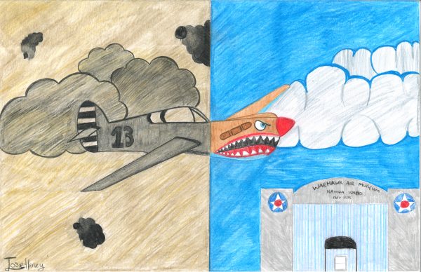 A child's drawing of a fighter plane. Half of the artwork is black and white, half is in color.