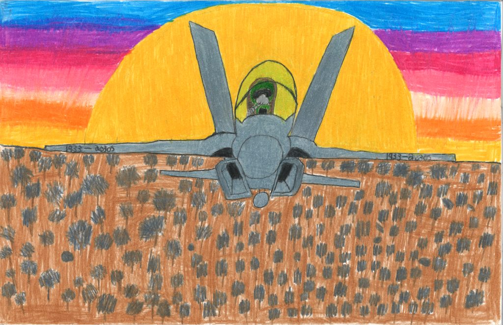 A child's drawing of a fighter plane and sunset.