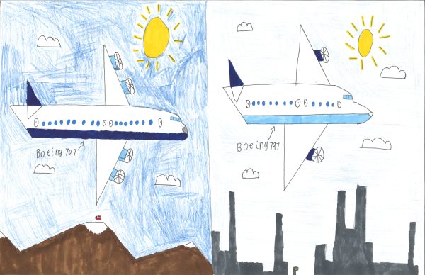 A child's drawing of two planes.