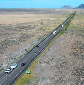 An aerial photo showing traffic and lack of passing opportunities on US-20 west of Idaho Falls.