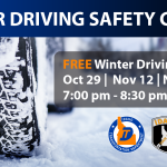 Close up photo of tire in deep snow with text overlay. Text states winter driving safety classes Oct 29, Nov 12, Nov 26. Bottom of photo contains ITD and ISP logo.