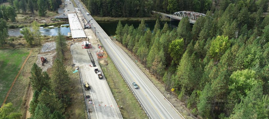 Aerial view of the eastbound I-90 bridge under construction.