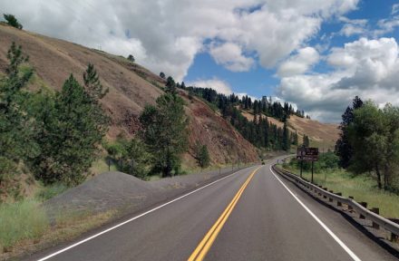 Roadside view of a runaway truck ramp near the bottom of Bear Ridge Grade on SH-3.