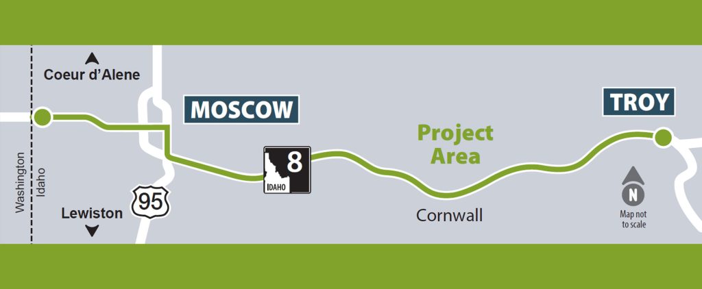 A map of the study area over looking SH-8 between Moscow and Troy.