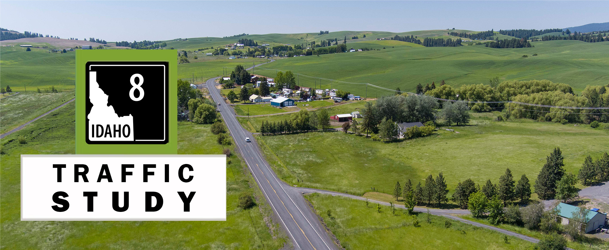 SH-8 Traffic Study Text over the drone picture of the highway near Cornwall, ID.