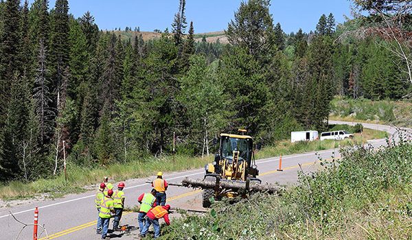 Workers from ITD and IDOC doing hazardous tree removal on SH-31, showing a loader hauling large logs and people on the ground on the roadway around the equipment.