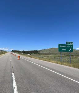 I-15 Exit 184 roadway and sign at Stoddard Creek, Idaho.