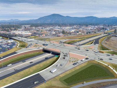 Aerial concept design of the proposed I-90 US-95 Interchange.