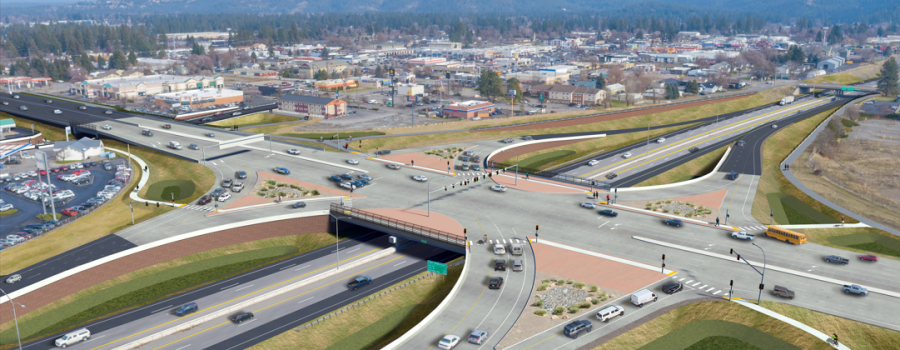Aerial concept design of the proposed I-90 US-95 Interchange.