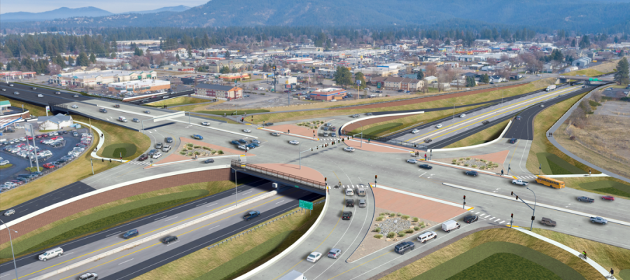 Aerial concept design of the proposed I-90 US-95 Interchange.