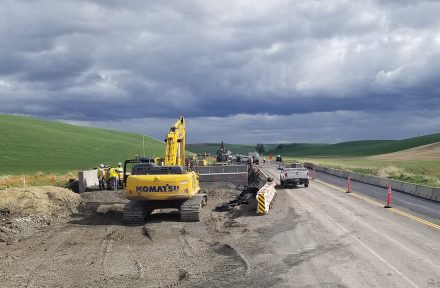 Construction equipment and work zone at Thorn Creek Bridge along US-95.