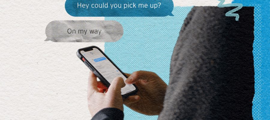 Graphic shows a person holding a phone in their hands. Text says: Winter plans need sober rides.