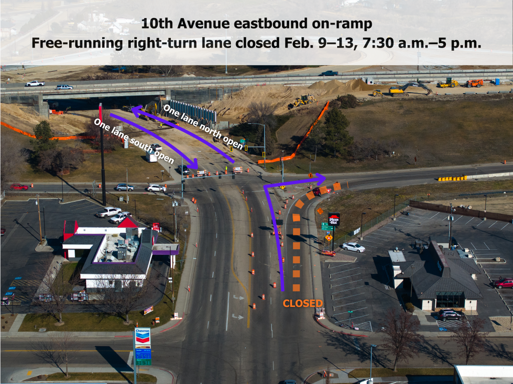 Map of free-running right-turn lane closure.