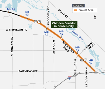 A map of a project area highlighted between milepost 43 and 47 of US-20/26.