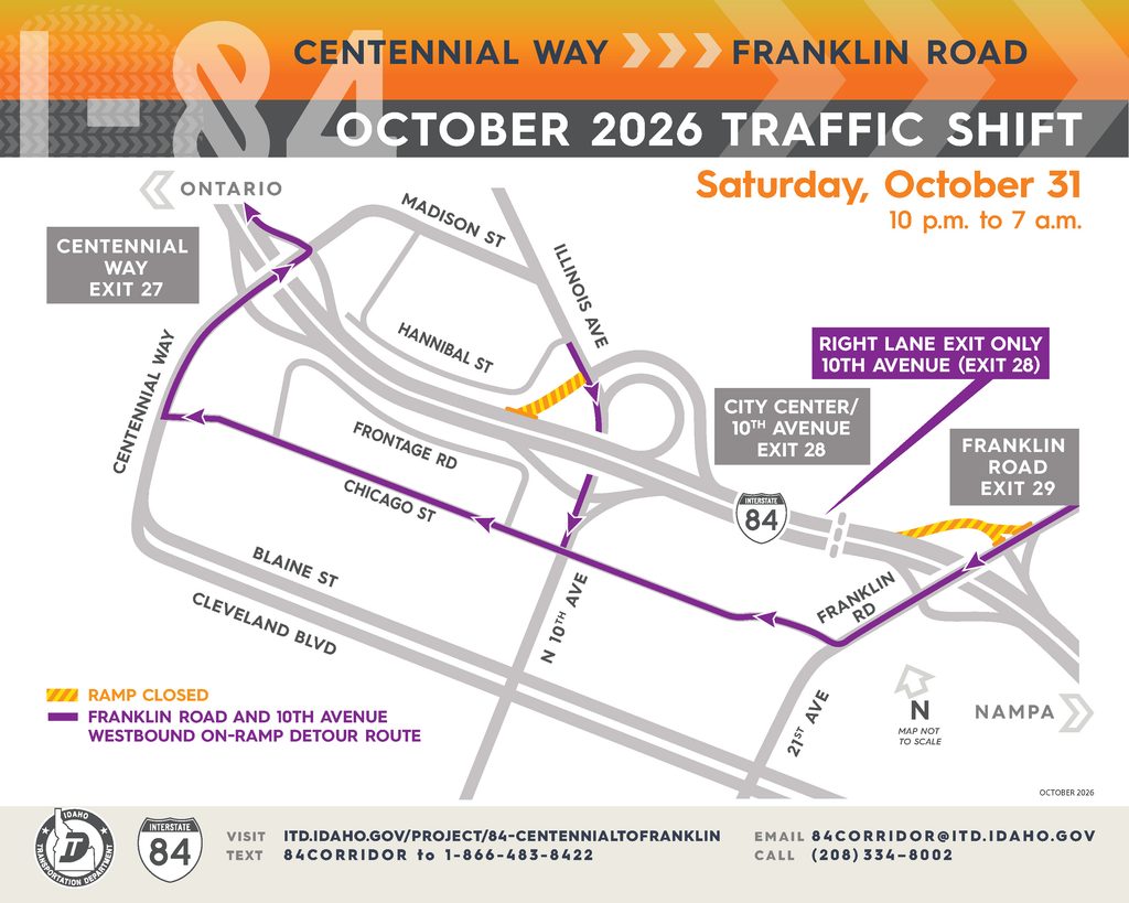 Map showing the detour for the October 2026 westbound traffic shift on I-84 in Caldwell between the Centennial Way and Franklin Road interchanges.