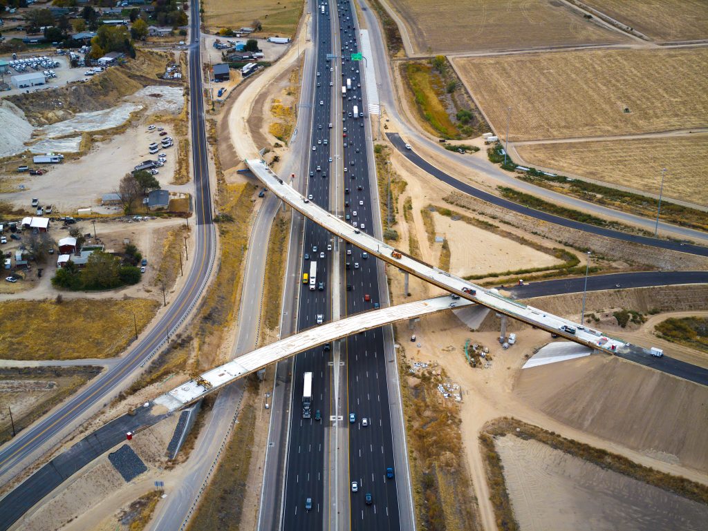 Girders over I-84 at the future I-84/SH-16 System Interchange.