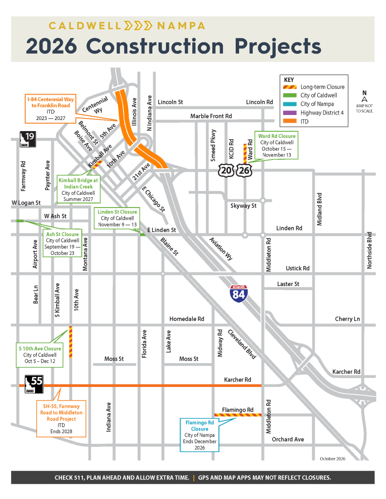 Map of the current 2026 construction projects along I-84 in Canyon County.
