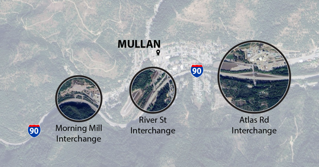 Map graphic highlighting the access points at 3 local interchanges near Mullan. 