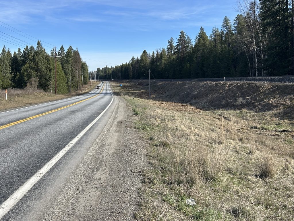 A wide, empty roadside where trees and vegetation used to exist. 