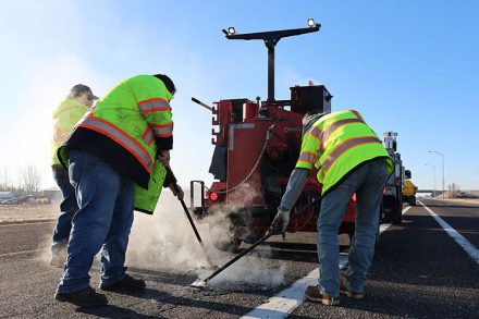 ITD crews conduct asphalt repair work on US-20 north of Rexburg.