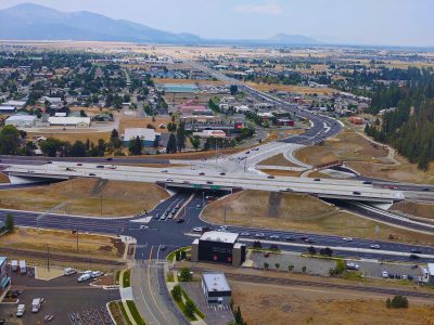 Aerial view of ongoing construction where SH-41 passes beneath I-90