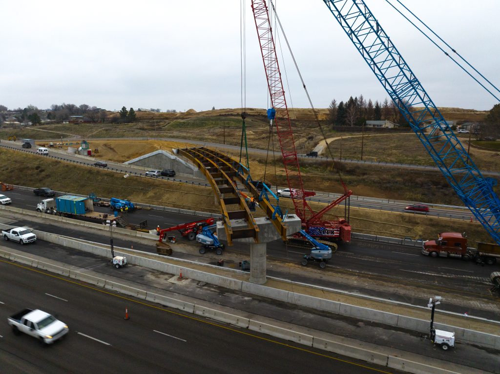SH-16 girder being placed over I-84, January 2026