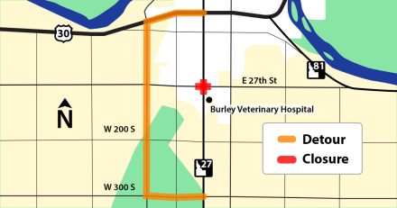 Map showing detour around construction site.