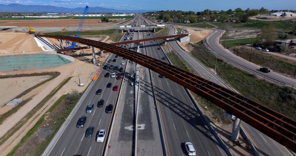 Girders over I-84 at the future I-84/SH-16 System Interchange.